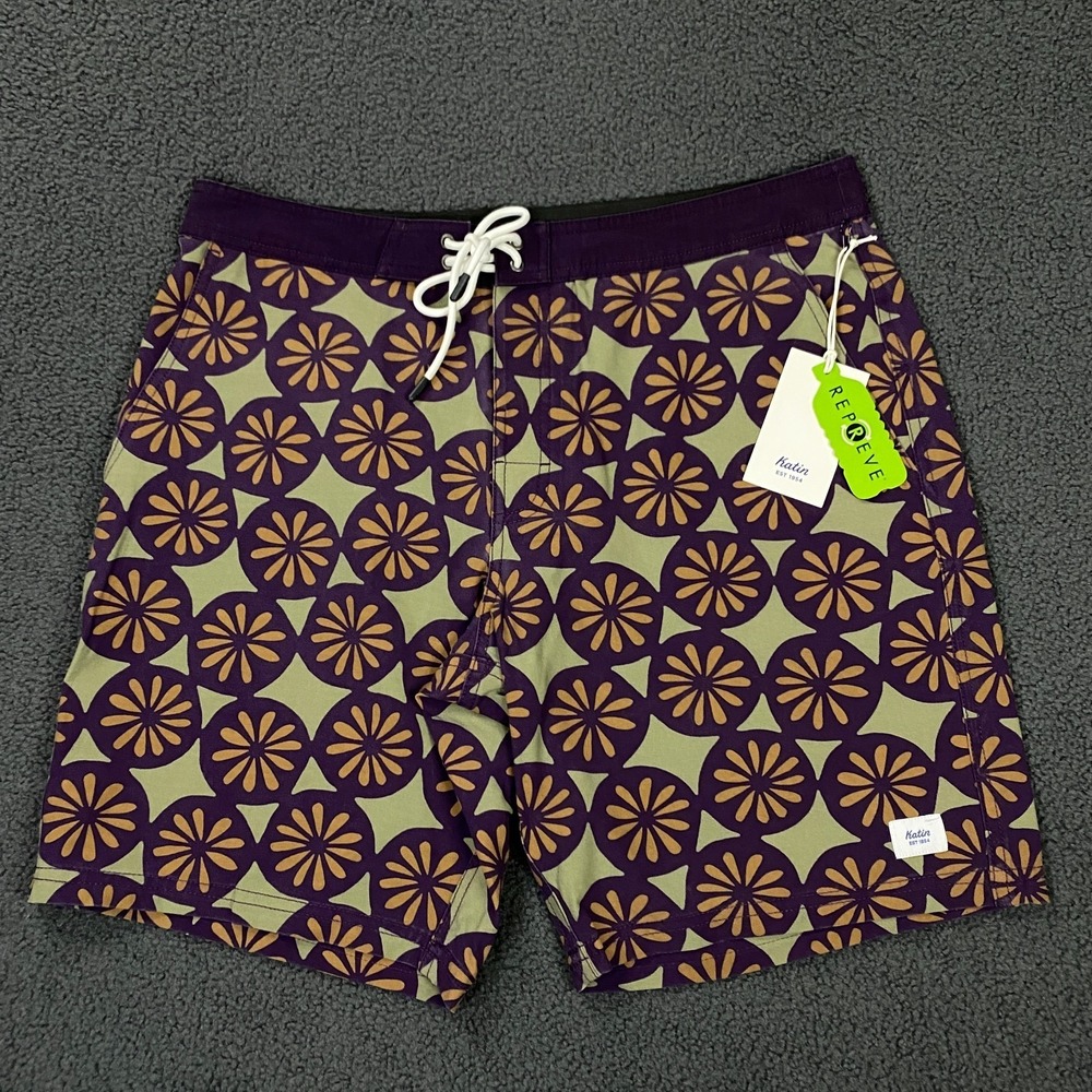 Katin Pond Hybrid Trunk Mens 32 Plum Floral Stretch Board Shorts Swim NWT